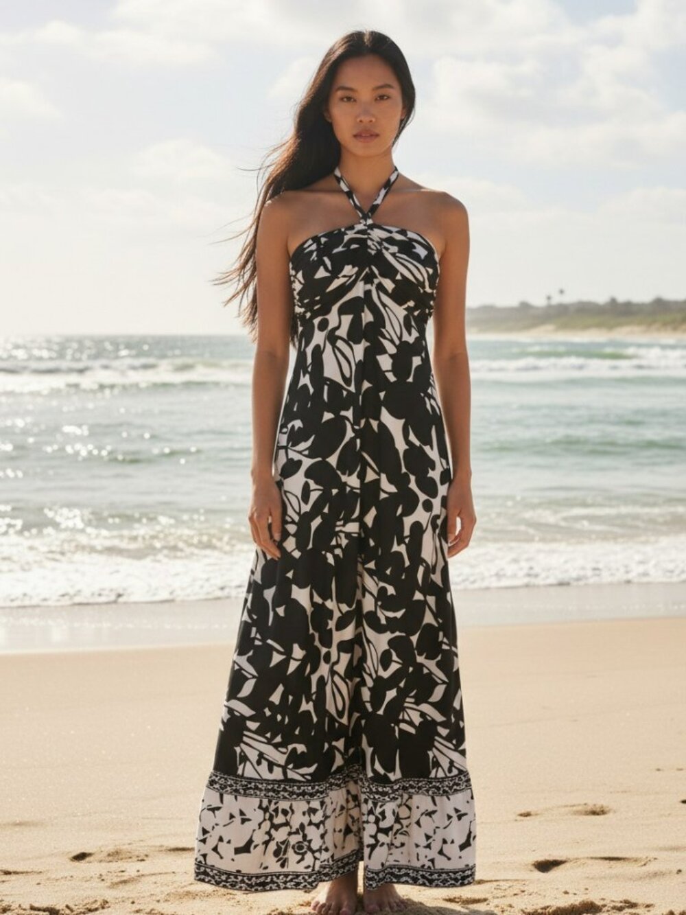 WHBM Black and White 100% Silk Strapless Tropical Floral Print Maxi Dress 4